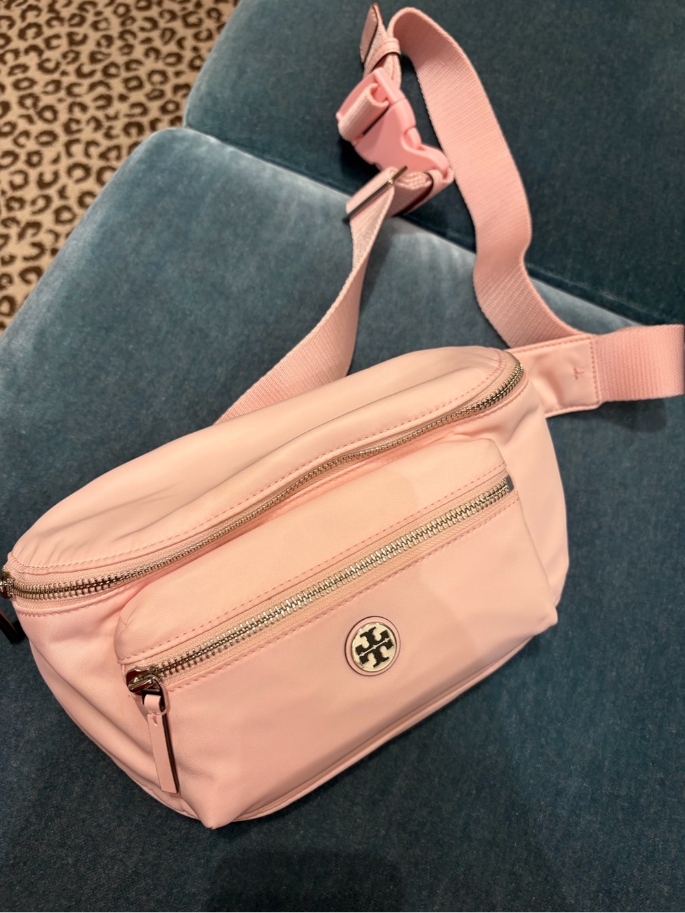 Tory Burch belt bag nylon  bag zip closure logo accent gold light pink